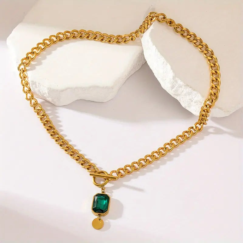Emerald Thick Chain Pendant Necklace | Gold