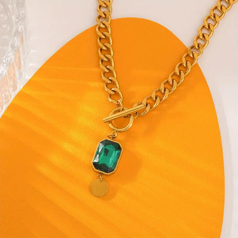 Emerald Thick Chain Pendant Necklace | Gold
