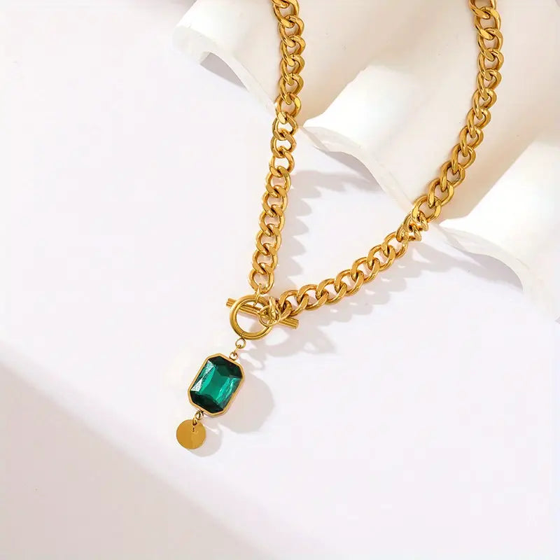 Emerald Thick Chain Pendant Necklace | Gold