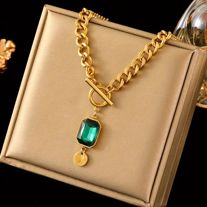 Emerald Thick Chain Pendant Necklace | Gold
