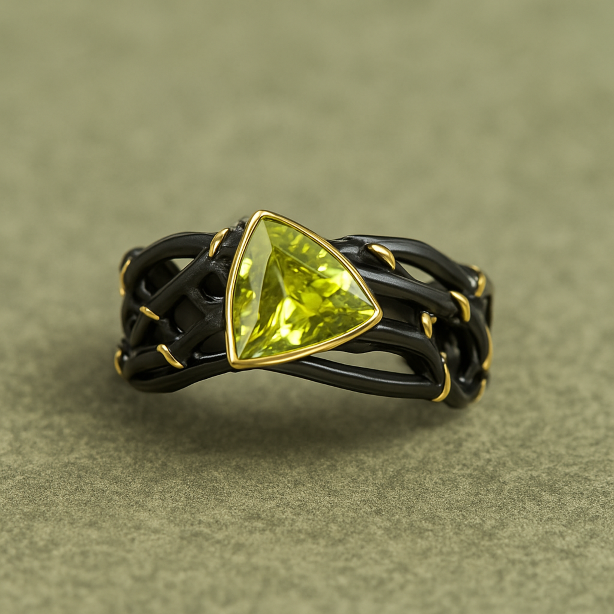 Black Gold Woven Ring with Green Gemstone