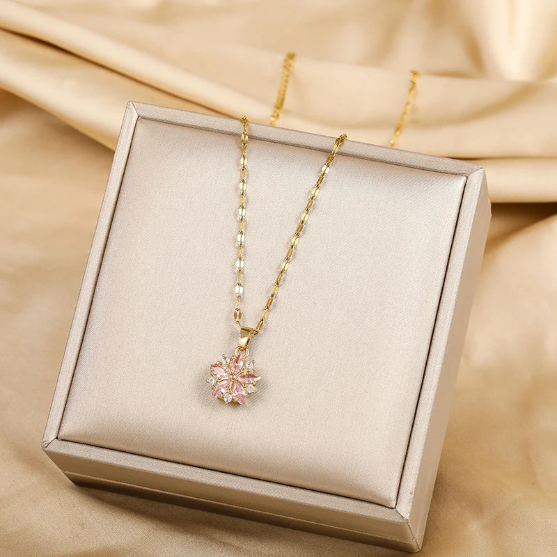 Romantic Pink Sakura Stainless Steel Necklace