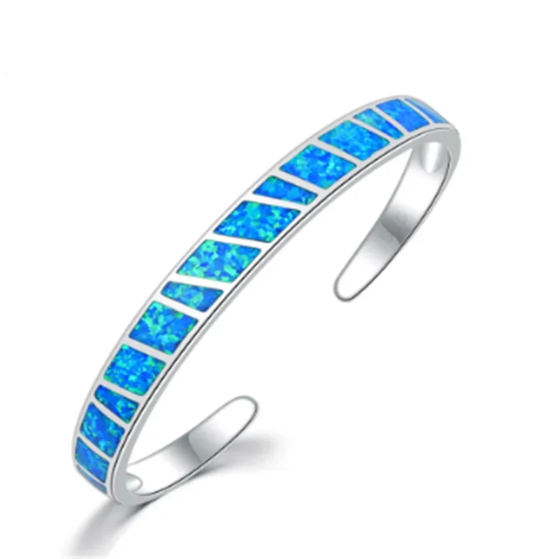 Elegant Silver Blue Fire Opal Adjustable Bangle