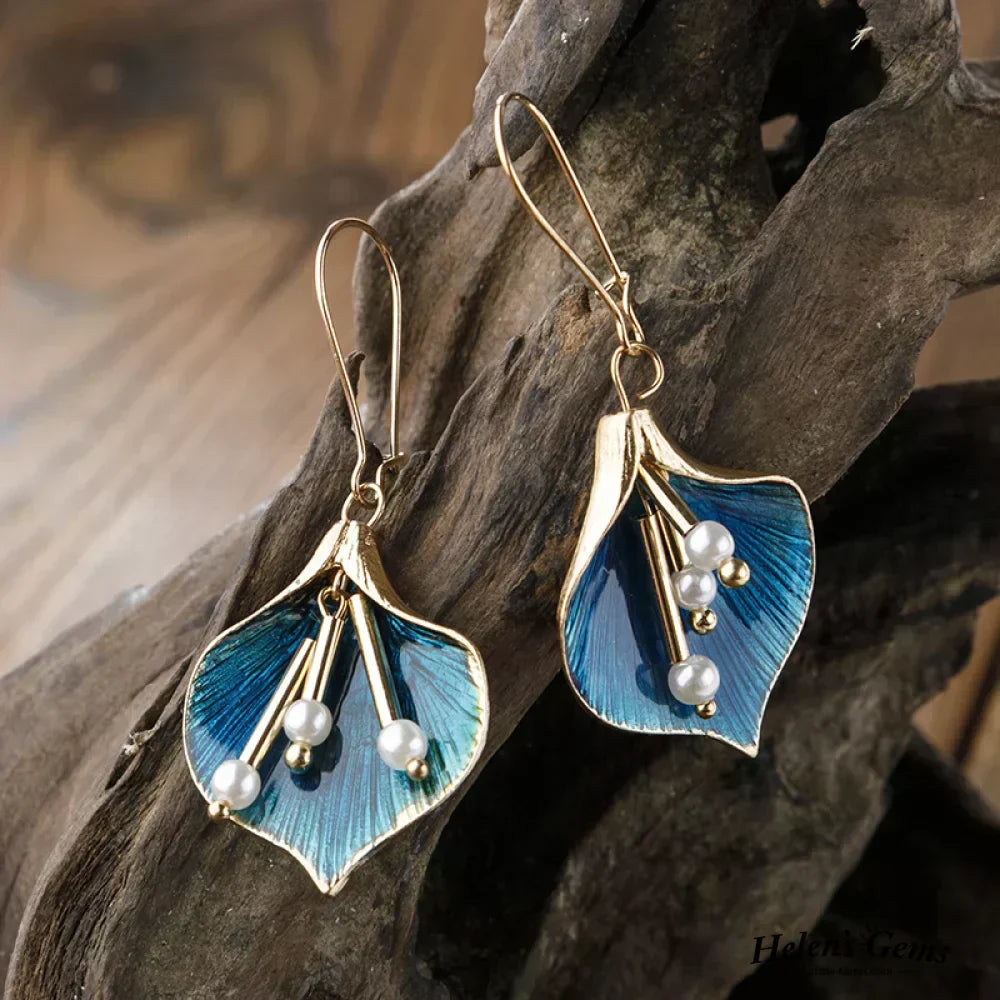 Gold Blue Lily Drop Earrings with Pearls